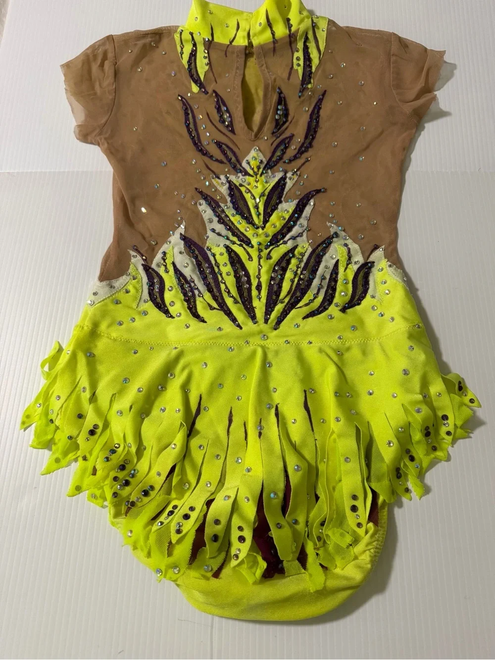 Custom Hand Painted Rhythmic Gymnastic Costume Neon Lime Purple Rhinestone CM CL